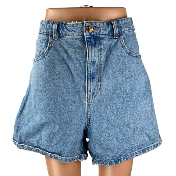 Zara Women's Blue High Waisted Bermuda Wide Leg Baggy Denim Jean Shorts Size 14 - Picture 1 of 5